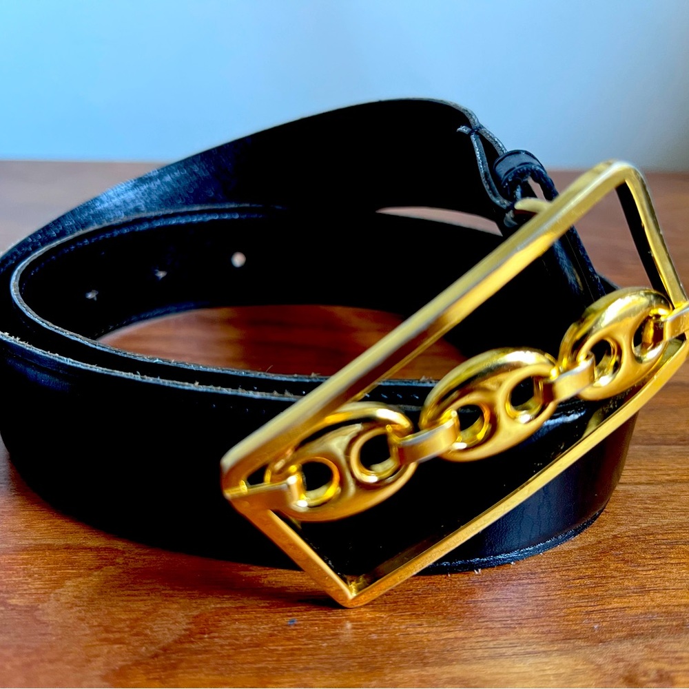 Vintage black leather belt with gold buckle